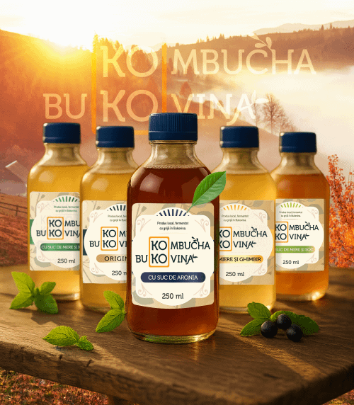 Sticle de Kombucha Bukovina - băutură probiotică artizanală naturală fermentată