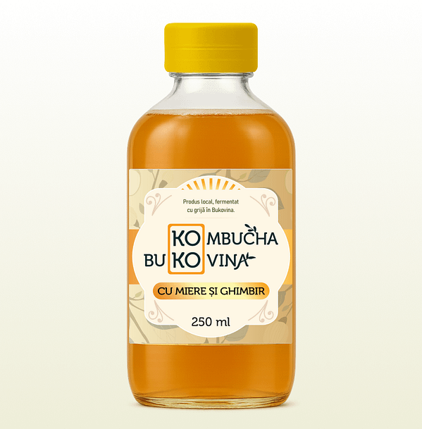 Kombucha cu Miere și Ghimbir - băutură probiotică artizanală naturală fermentată kombucha cu ghimbir